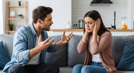 Couple in Heated Argument on Couch: Man Shouting, Woman Covering Ears  Domestic Dispute Scene with Couple in Living Room Setting