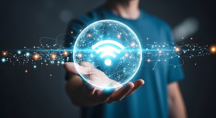 Man Holding Glowing Wi-Fi Orb with Sparks in Dark Background Futuristic Technology Concept: Wi-Fi Symbol in Luminescent Orb 