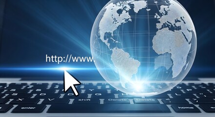 Glass Earth Visualization on Laptop with Bright Cursor Pointing to 'http://www' Abstract Technology Concept with Floating Globe and Internet URL on Keyboard