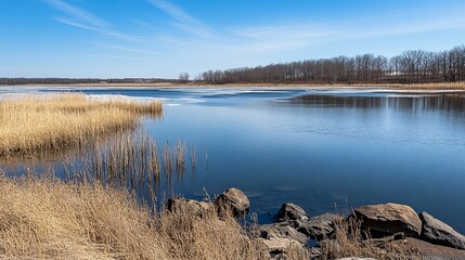 Fototapeta premium Serene winter lake scene with partially frozen water, tall grasses, and leafless trees under a clear blue sky
