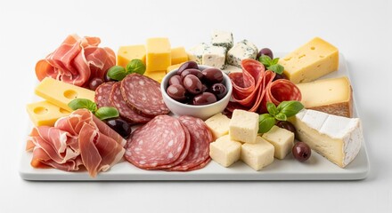 Appetizing charcuterie board featuring various cheeses, cured meats, and olives, set on a bright white background, a culinary delight.