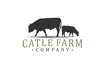 Cattle farm company logo design featuring a cow and calf silhouette. Vector illustration Original design, non AI generated.