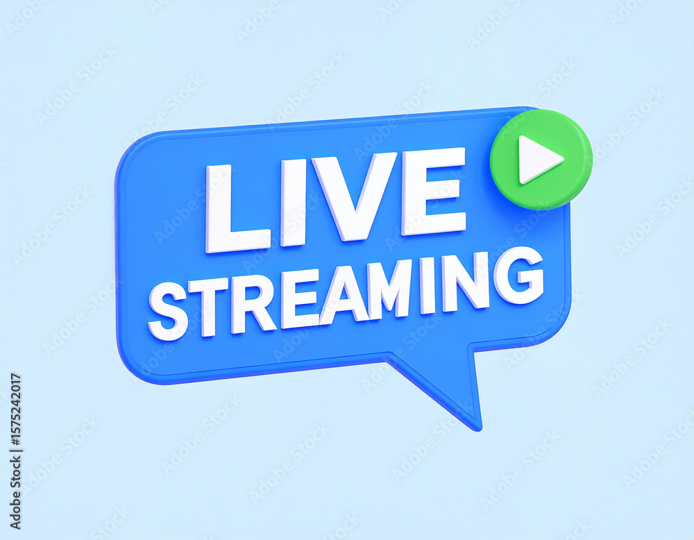 Poster digital illustration of a blue speech bubble displaying the words live streaming with a play button 