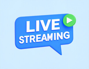 Digital illustration of a blue speech bubble displaying the words live streaming with a play button for online broadcasts