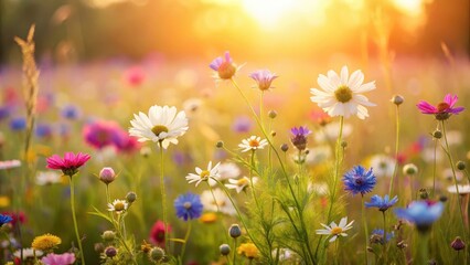 Fototapeta premium Delicate Wildflowers Bloom in a Rustic Field, field, flora, field, flora, vibrant, meadow, botanical, landscape, rustic