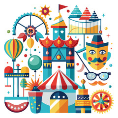 Colorful carnival funfair with amusement park rides, games and attractions