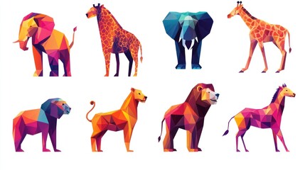 Geometric style collage of 8 animals elephants, giraffes, lions, and a zebra