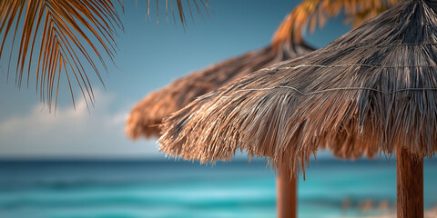 A close-up of the thatched umbrella on an empty beach