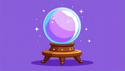 Naklejka premium A vibrant crystal ball rests on a wooden stand against a purple background, suggesting fortune-telling.