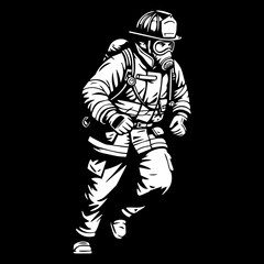 Brave Firefighter Running Towards Danger A Bold Black and White Illustration