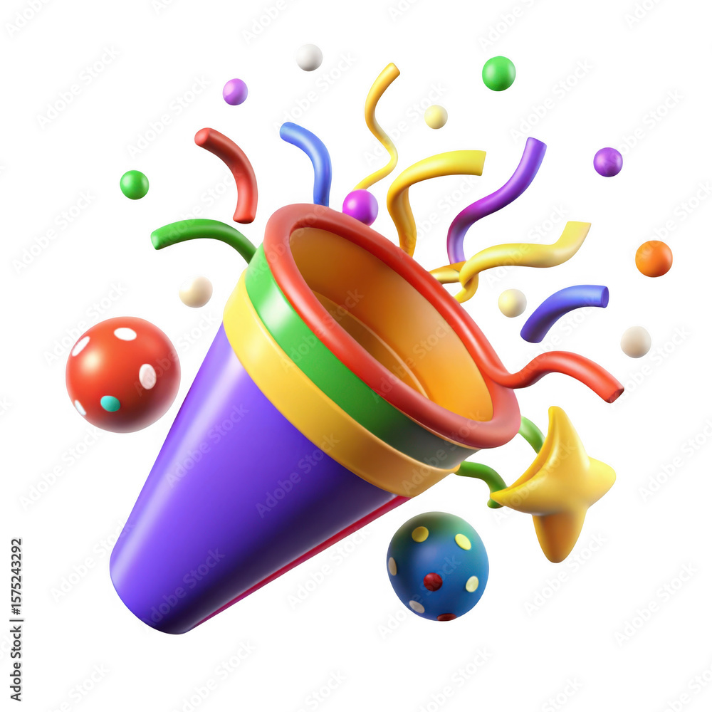 Poster colorful party popper exploding with confetti and balls isolated on transparent background