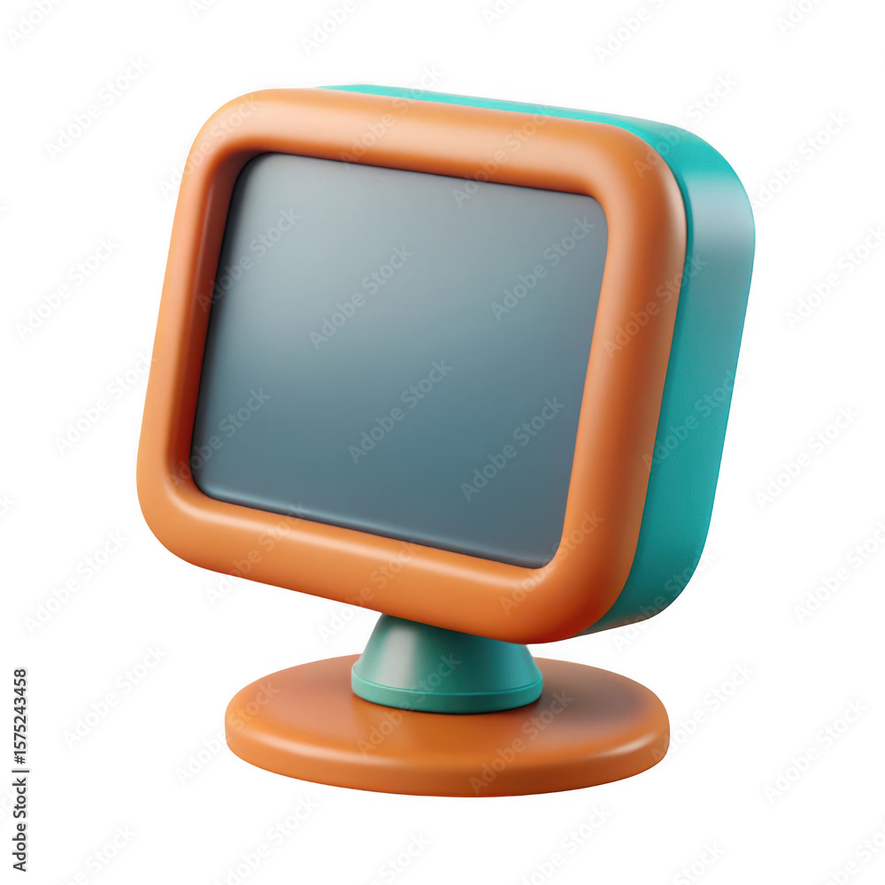 Poster retro style computer monitor with orange and teal colors isolated on transparent background