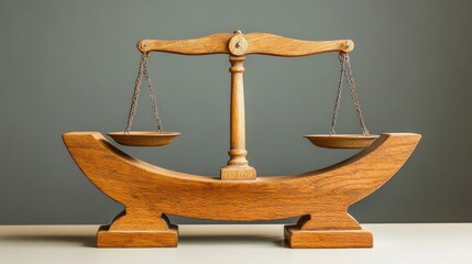 Wooden balance scale on table, grey background.