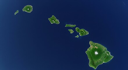 A close-up orbital view of the Hawaiian island chain, showing the vibrant green volcanic islands as a distinct pattern in the middle of the vast Pacific Ocean.