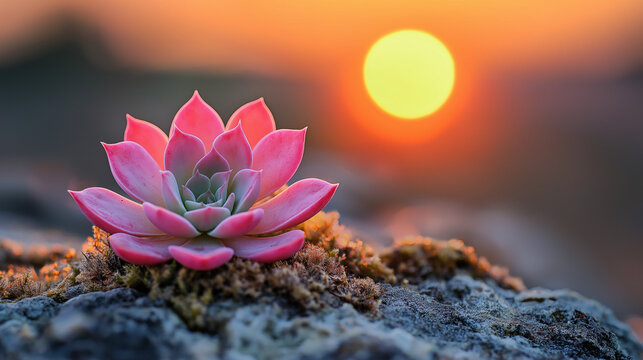 Vibrant pink succulent plant with delicate petals glows in the warm light of a setting sun