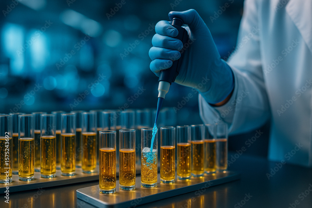 Poster ai generated closeup of a gloved scientist hand using micropipette to dispense golden fluid into a t