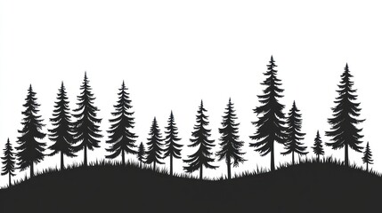 Obraz premium Silhouetted evergreen trees on a low hill against a bright sky