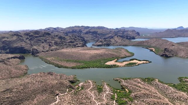 Aerial view of Saguaro Lake and mountains, United States.