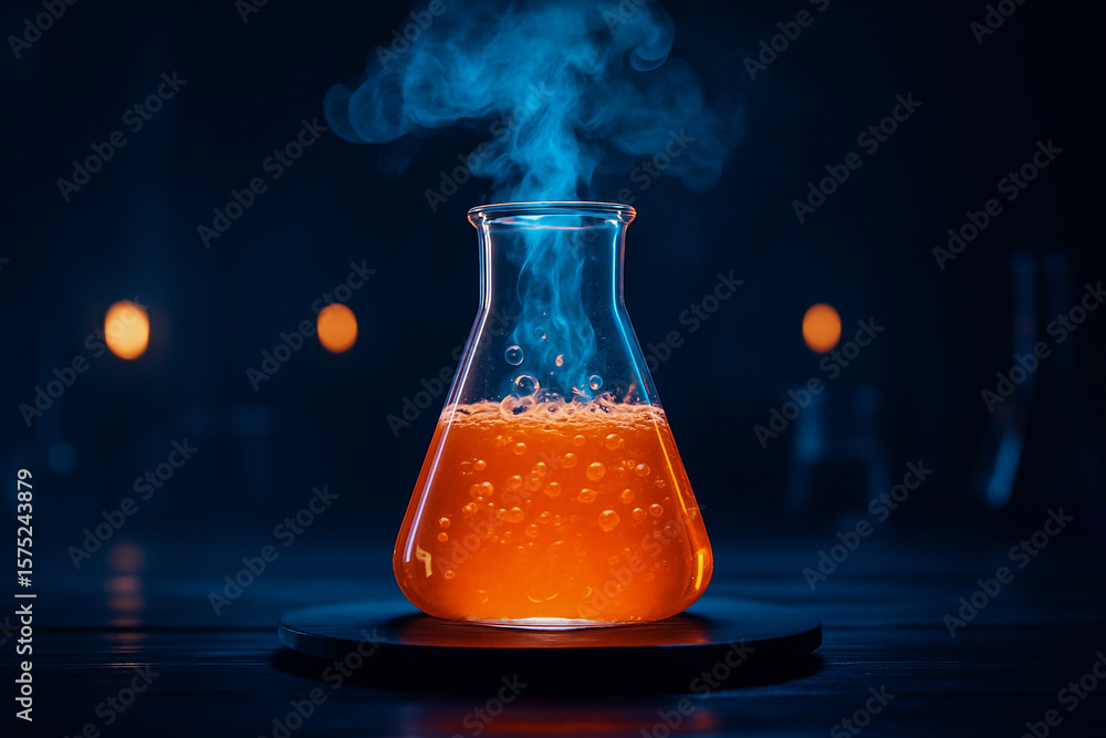 Poster ai generated image of a glowing orange liquid inside a glass erlenmeyer flask with rising vapor on a