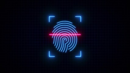 Neon finger print animation on black background. glowing fingerprint scanning icon motion. biometric scanner for identification 4k video footage. Abstract fingerprint design. - Powered by Adobe