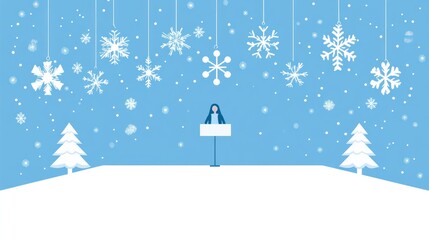 Animated winter scene features snowflakes, trees, and a person at a podium with a light blue background