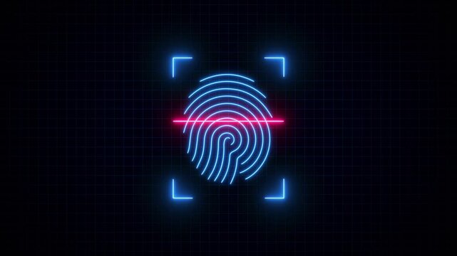 Neon finger print animation on black background. glowing fingerprint scanning icon motion. biometric scanner for identification 4k video footage. Abstract fingerprint design. - Powered by Adobe