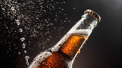 A cold beer bottle with condensation and water splashes on a dark background
