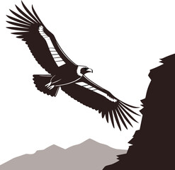 Majestic vulture soaring over rugged mountain peaks in a striking silhouette