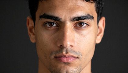 Obraz premium Close-up of a headshot of a man frowning against a dark background.