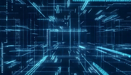 A blue digital grid background with glowing lines and perspective