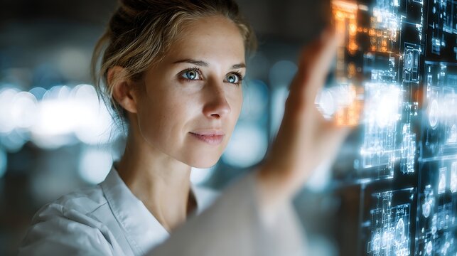 Female engineer analyses digital data on transparent interactive screen in a modern facility setting. - Powered by Adobe