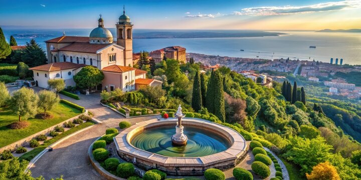 The stunning Santuario di Monte Grisa Church perched on a hilltop overlooking the city of Trieste, with a beautiful garden and a historic fountain nearby, hilltop, church