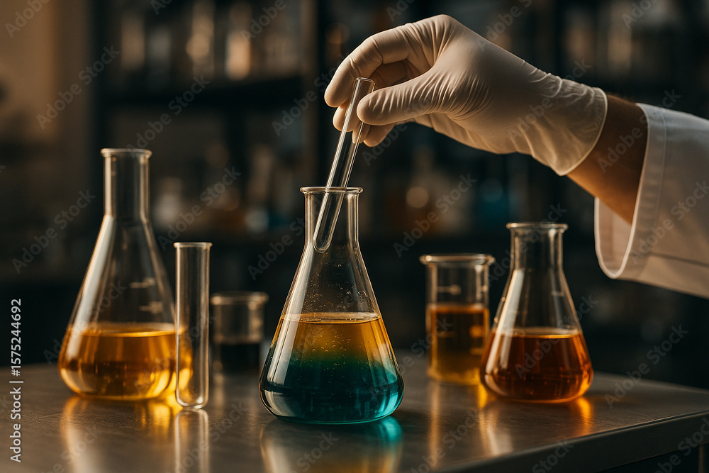 Aufkleber ai generated a precise laboratory scene showing a gloved hand placing a test tube into a flask conta