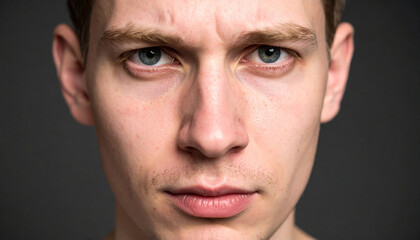 Obraz premium Close-up of a headshot of a man frowning against a dark background.