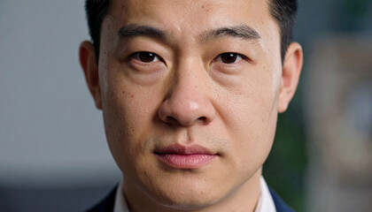 Obraz premium Close-up of a headshot of a man frowning against a dark background.