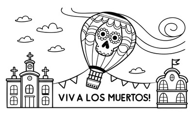 Day of the Dead Celebration Illustration – Hot Air Balloon with Sugar Skull and “Viva Los Muertos” Banner.