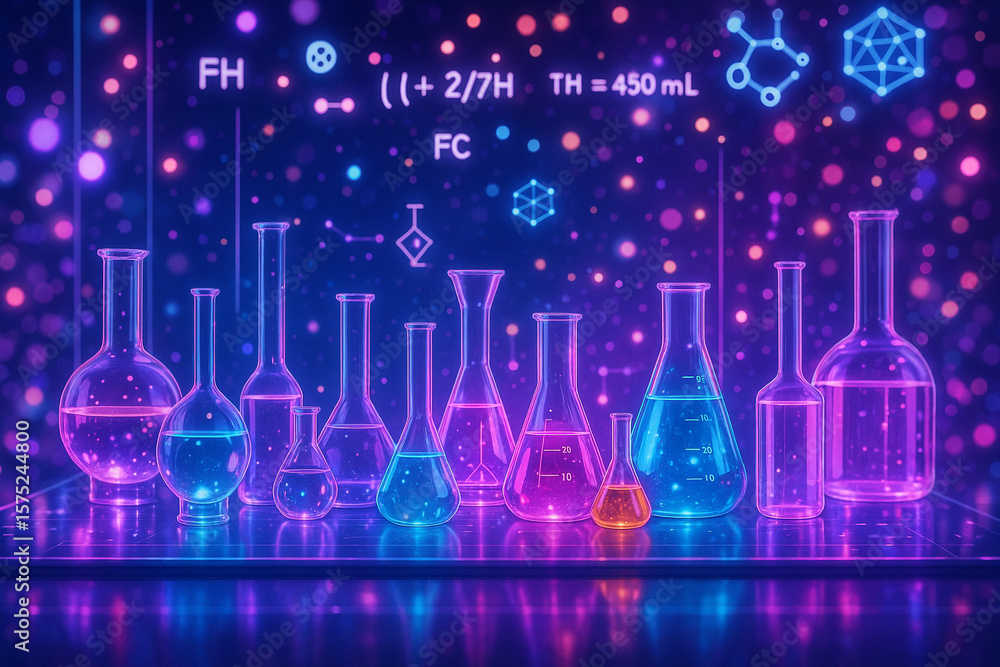 Poster ai generated glowing lab flasks with colorful liquids and holographic chemical symbols in a sci fi f