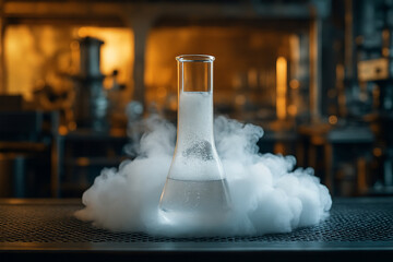 AI generated realistic image of a transparent test tube surrounded by thick white vapor on a metallic lab table in a warm toned industrial laboratory reflecting advanced cooling experiment