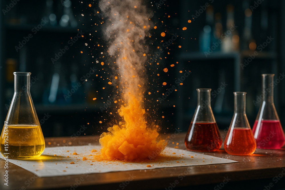 Poster ai generated a dynamic chemical experiment scene showing an orange explosion on a lab table surround