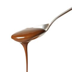 liquid chocolate sauce flowing down from spoon isolated on transparent white background, clipping path