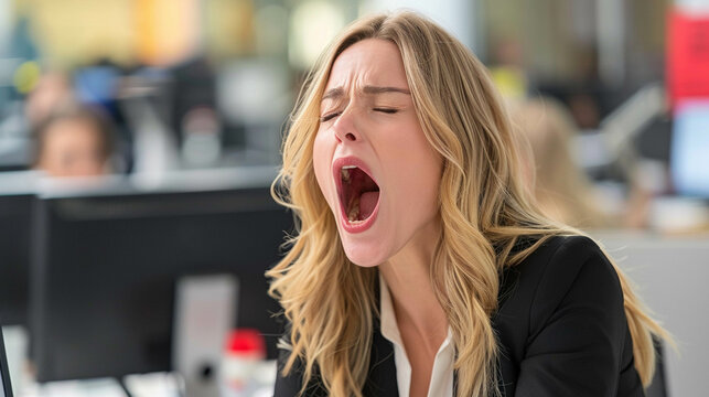 Person yawning at desk during daytime
