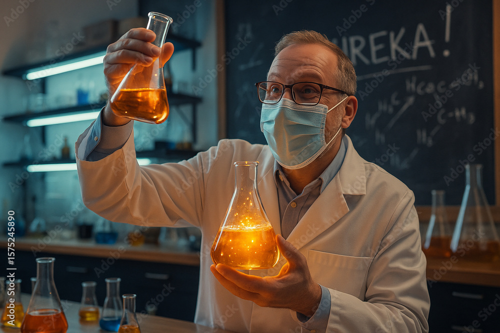 Poster ai generated a scientist celebrates a glowing orange reaction in a lab with joyful expression highli