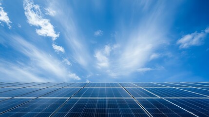 Vast solar panel array under a vibrant blue sky with streaky clouds, showcasing clean energy technology