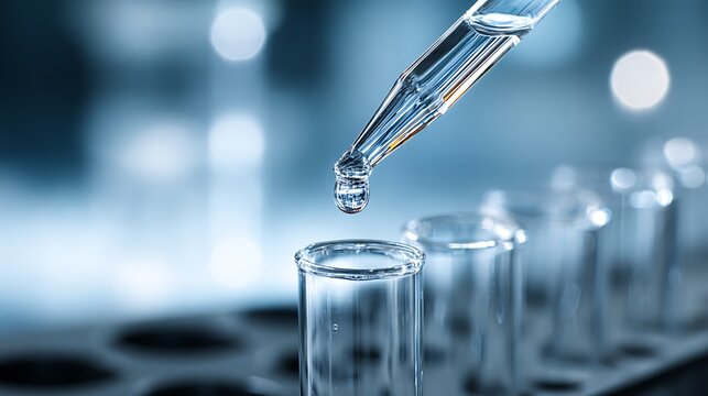 Chemical research shown with a pipette dispensing liquid into laboratory test tubes for scientific experiments.
