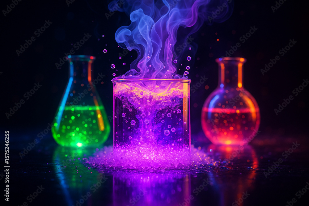 Poster ai generated boiling purple liquid in glowing flask emits magical steam surrounded by colorful sci-f