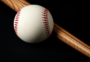 Close-up of baseball and bat on black background, texture, mlb
