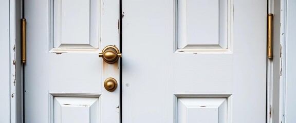 Close-up of elegant white wooden door with rustic brass handle and lock  ,   stylish,  antique