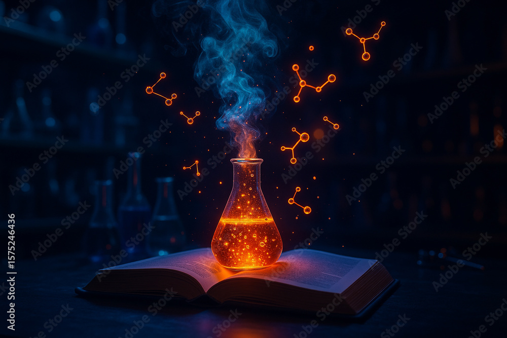 Poster ai generated realistic sci fi style image of glowing orange chemical reaction in glass flask placed 