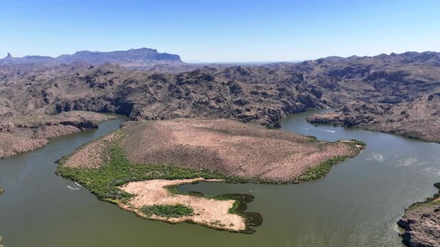 Aerial view of Saguaro Lake and mountains, United States.