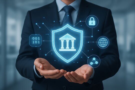 Businessman holding digital security shield suit
